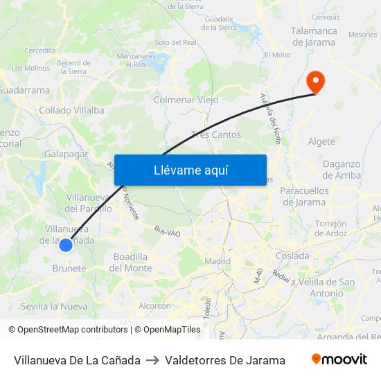 Villanueva De La Cañada to Valdetorres De Jarama map