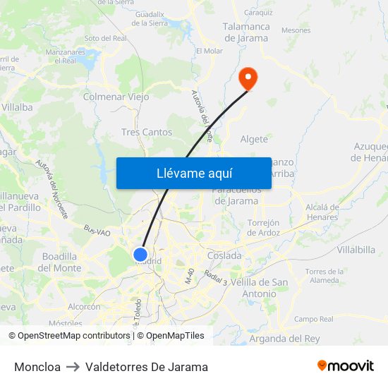 Moncloa to Valdetorres De Jarama map