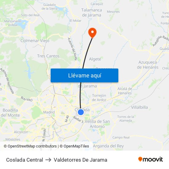 Coslada Central to Valdetorres De Jarama map