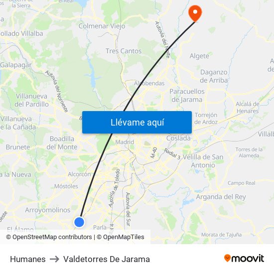 Humanes to Valdetorres De Jarama map