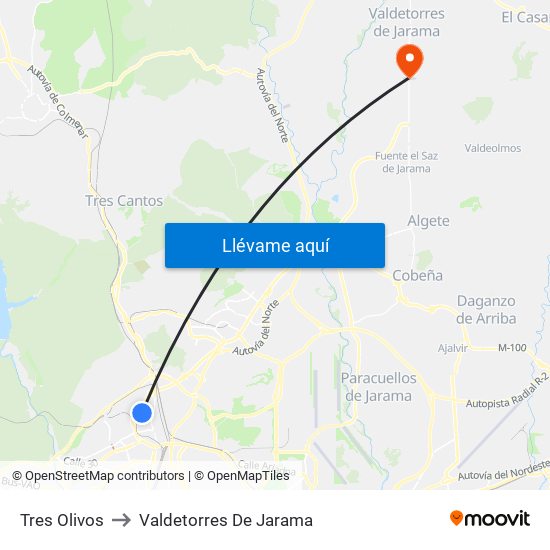 Tres Olivos to Valdetorres De Jarama map