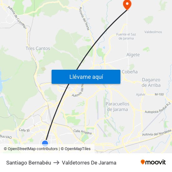 Santiago Bernabéu to Valdetorres De Jarama map