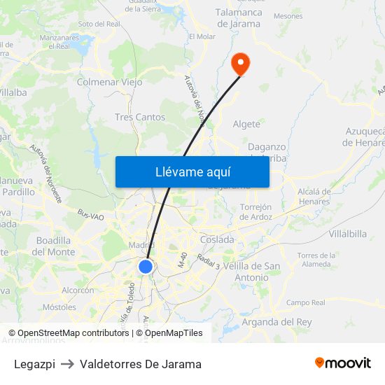 Legazpi to Valdetorres De Jarama map