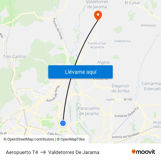 Aeropuerto T4 to Valdetorres De Jarama map