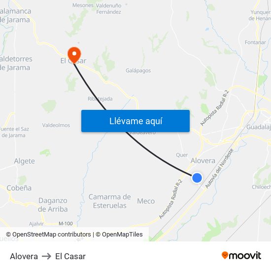 Alovera to El Casar map