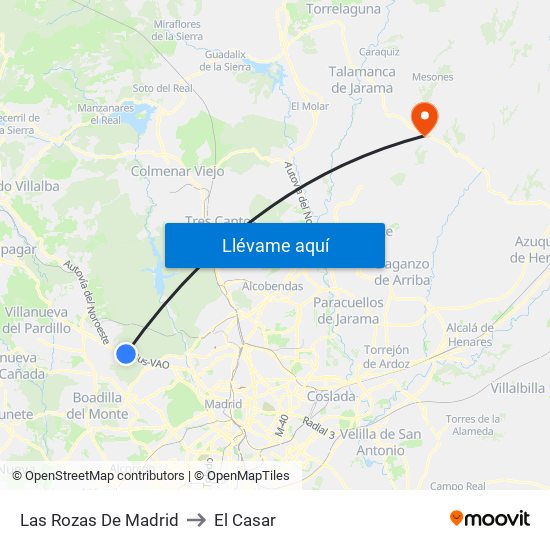 Las Rozas De Madrid to El Casar map