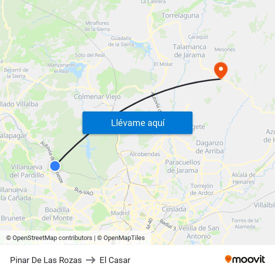 Pinar De Las Rozas to El Casar map