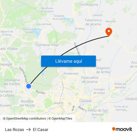 Las Rozas to El Casar map