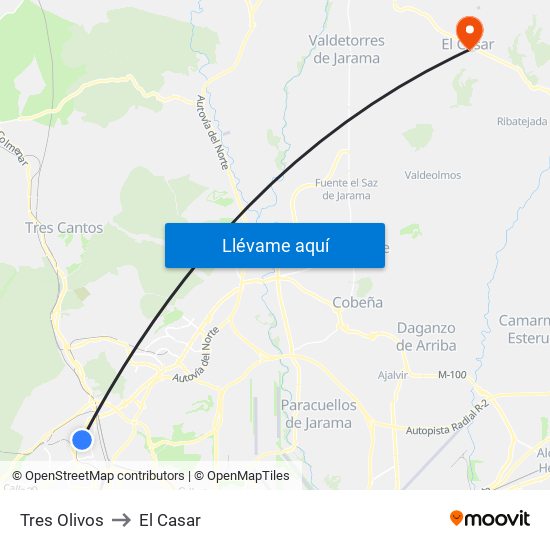 Tres Olivos to El Casar map