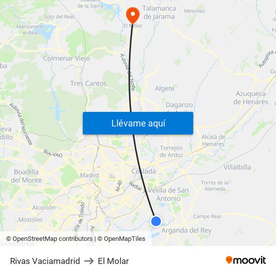 Rivas Vaciamadrid to El Molar map