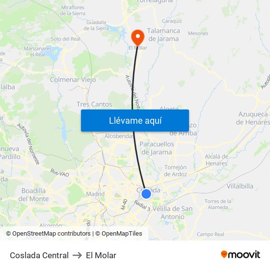 Coslada Central to El Molar map