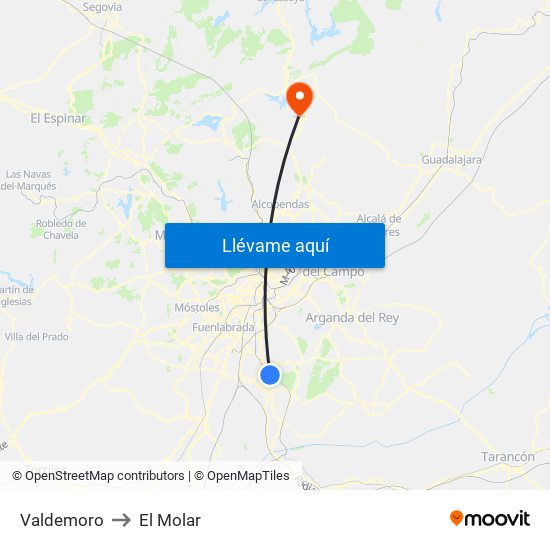 Valdemoro to El Molar map