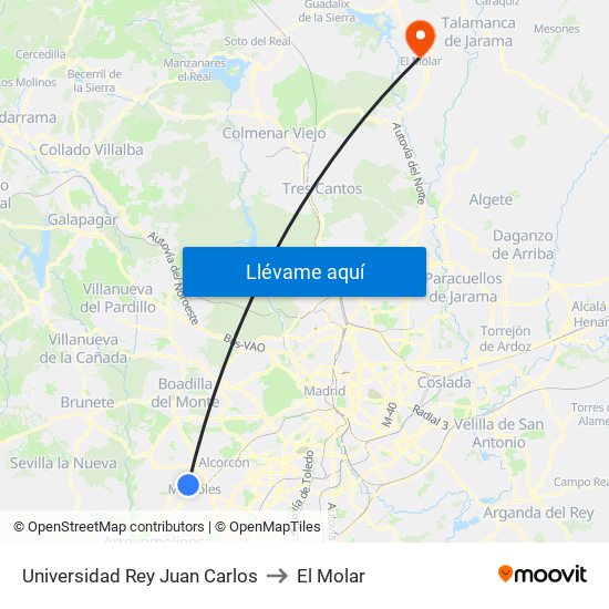 Universidad Rey Juan Carlos to El Molar map