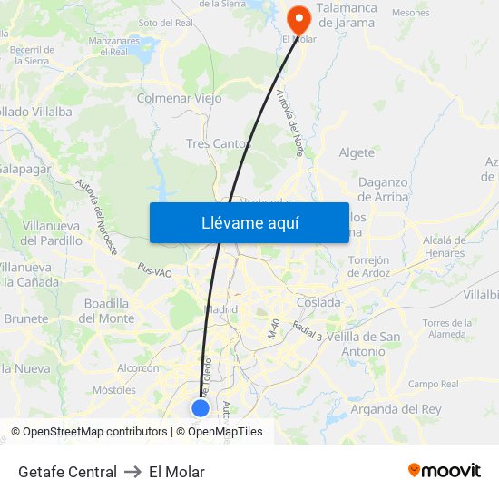 Getafe Central to El Molar map