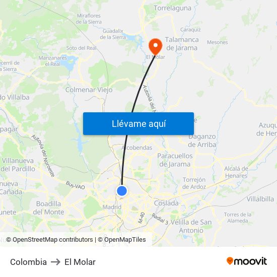 Colombia to El Molar map