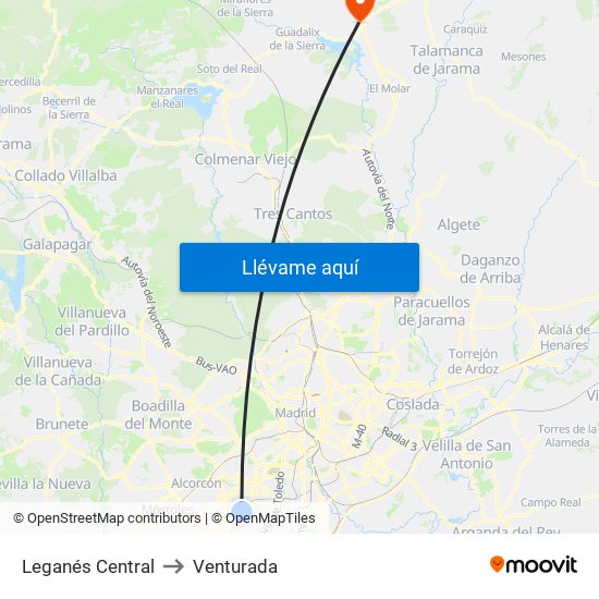 Leganés Central to Venturada map