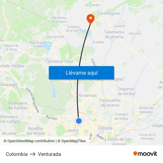 Colombia to Venturada map