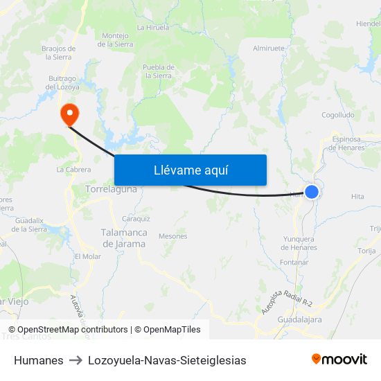 Humanes to Lozoyuela-Navas-Sieteiglesias map