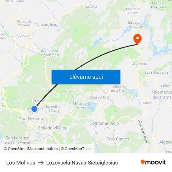 Los Molinos to Lozoyuela-Navas-Sieteiglesias map