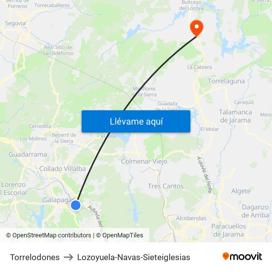 Torrelodones to Lozoyuela-Navas-Sieteiglesias map