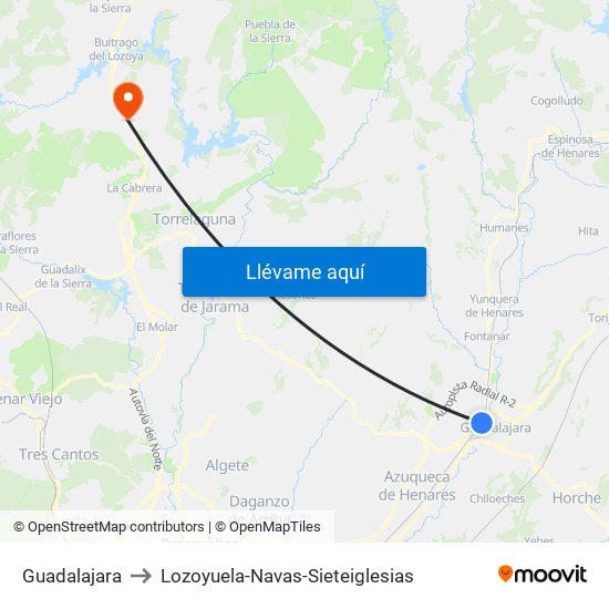 Guadalajara to Lozoyuela-Navas-Sieteiglesias map
