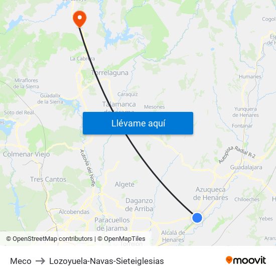 Meco to Lozoyuela-Navas-Sieteiglesias map