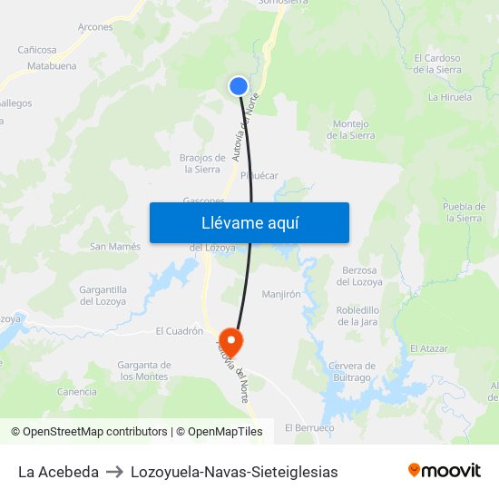 La Acebeda to Lozoyuela-Navas-Sieteiglesias map