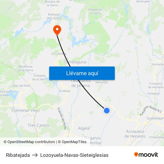 Ribatejada to Lozoyuela-Navas-Sieteiglesias map