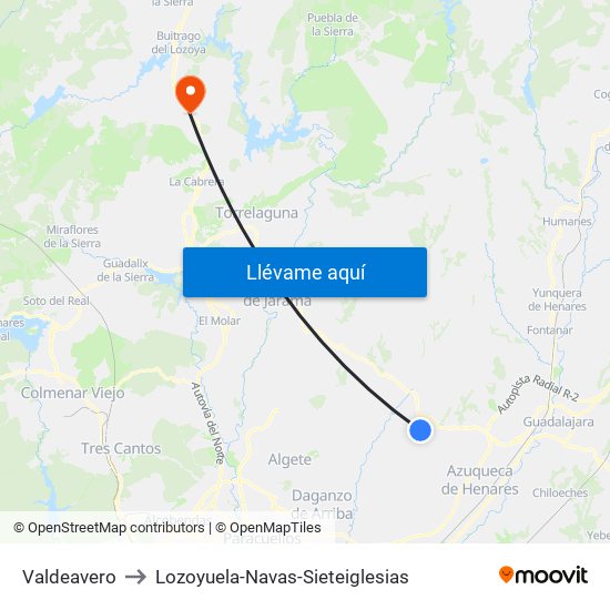 Valdeavero to Lozoyuela-Navas-Sieteiglesias map