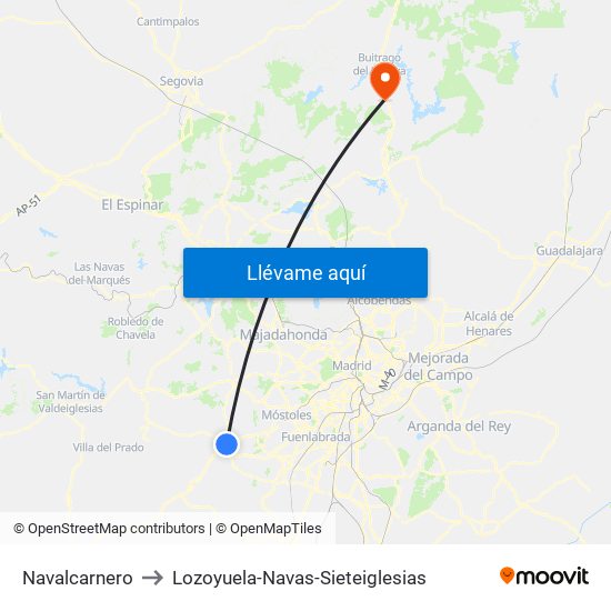 Navalcarnero to Lozoyuela-Navas-Sieteiglesias map