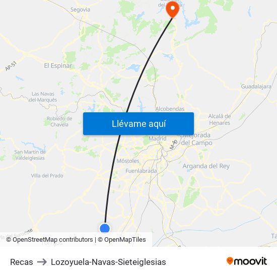 Recas to Lozoyuela-Navas-Sieteiglesias map