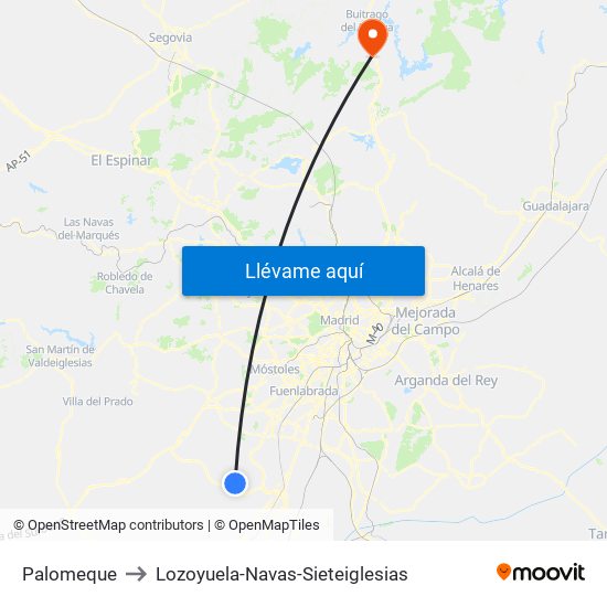 Palomeque to Lozoyuela-Navas-Sieteiglesias map