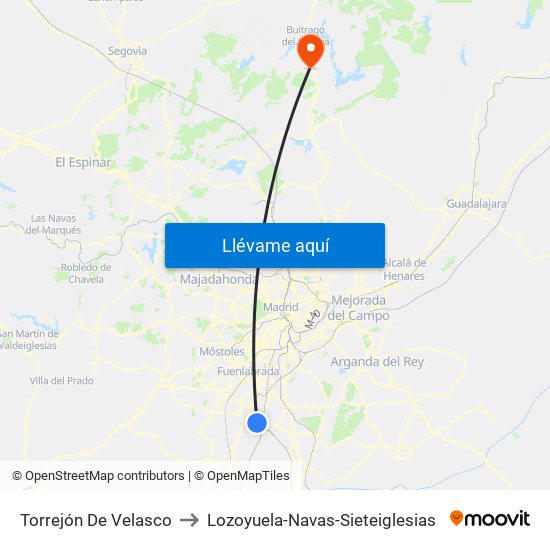 Torrejón De Velasco to Lozoyuela-Navas-Sieteiglesias map