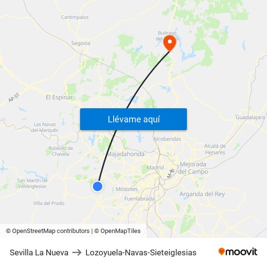 Sevilla La Nueva to Lozoyuela-Navas-Sieteiglesias map