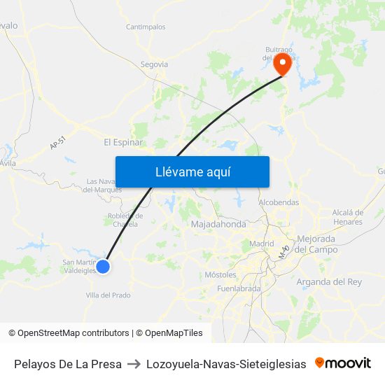 Pelayos De La Presa to Lozoyuela-Navas-Sieteiglesias map