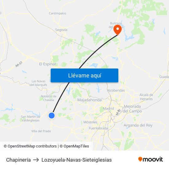 Chapinería to Lozoyuela-Navas-Sieteiglesias map