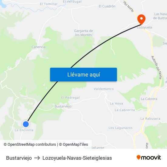 Bustarviejo to Lozoyuela-Navas-Sieteiglesias map