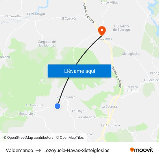 Valdemanco to Lozoyuela-Navas-Sieteiglesias map
