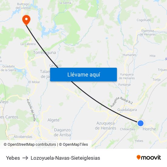 Yebes to Lozoyuela-Navas-Sieteiglesias map
