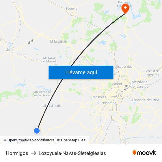Hormigos to Lozoyuela-Navas-Sieteiglesias map