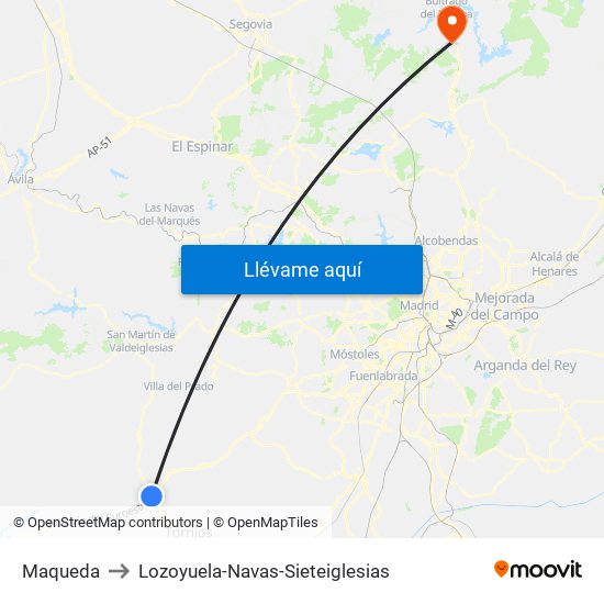 Maqueda to Lozoyuela-Navas-Sieteiglesias map