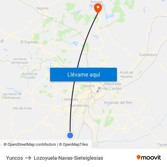 Yuncos to Lozoyuela-Navas-Sieteiglesias map