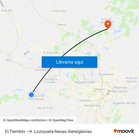 El Tiemblo to Lozoyuela-Navas-Sieteiglesias map