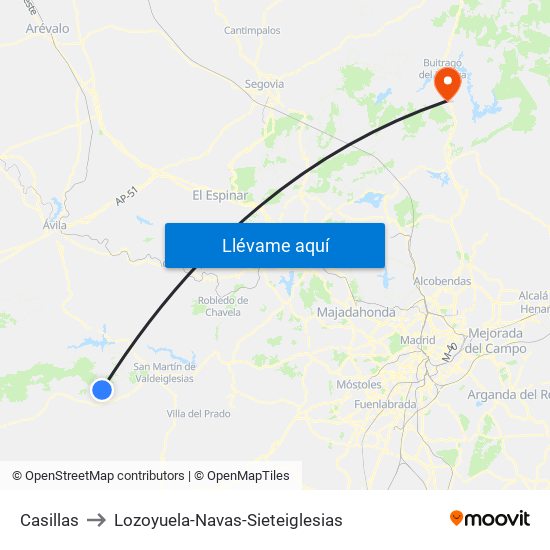 Casillas to Lozoyuela-Navas-Sieteiglesias map