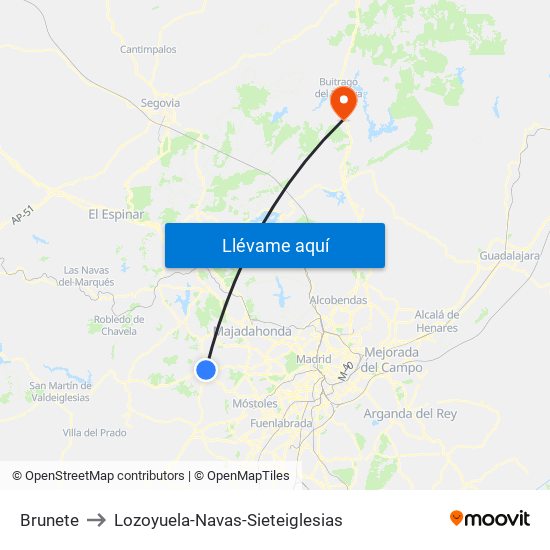 Brunete to Lozoyuela-Navas-Sieteiglesias map