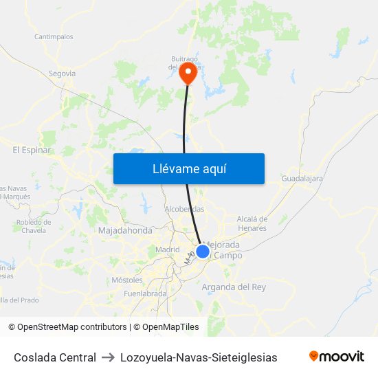 Coslada Central to Lozoyuela-Navas-Sieteiglesias map