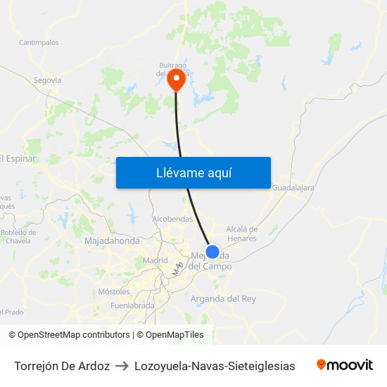 Torrejón De Ardoz to Lozoyuela-Navas-Sieteiglesias map