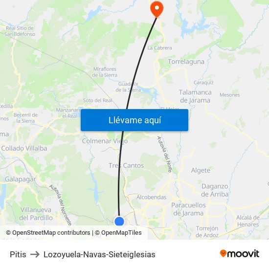 Pitis to Lozoyuela-Navas-Sieteiglesias map