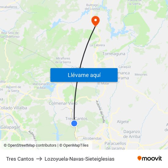 Tres Cantos to Lozoyuela-Navas-Sieteiglesias map