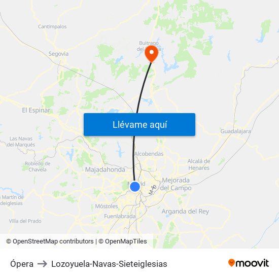 Ópera to Lozoyuela-Navas-Sieteiglesias map